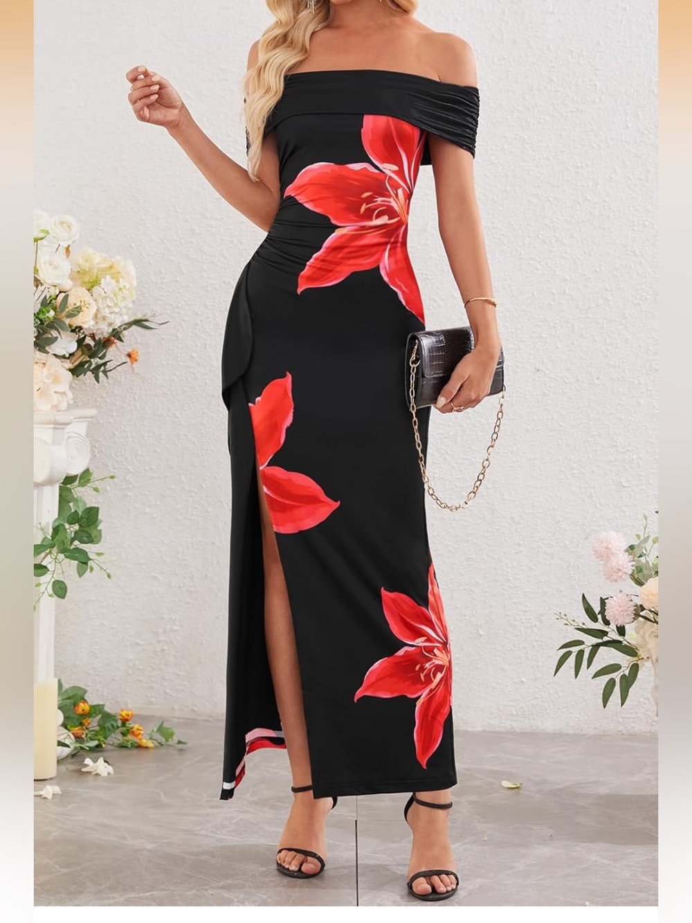 Merokeety Women’s Off Shoulder Floral Maxi Dress
